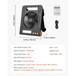 Kannettava aurinkotuuletin ABS-muovia 7-tuumainen 10000 mAh:n akulla 4-nopeuksinen LED-lyhdyllä 4 watin aurinkopaneelilla