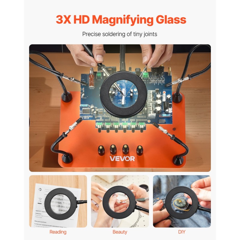 Magneettinen kolvausapuasema kolmekertainen suurennuslasi LED-valaistus neljä taipuisaa vartta teräspohja