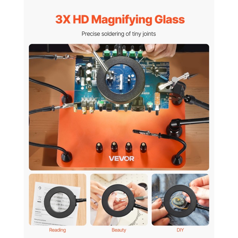 Magneettinen kolvausaseman apukäsi raskas teräspohja teräspinnoite 3X suurennus LED valaistus 4 hanhenkaulavartta