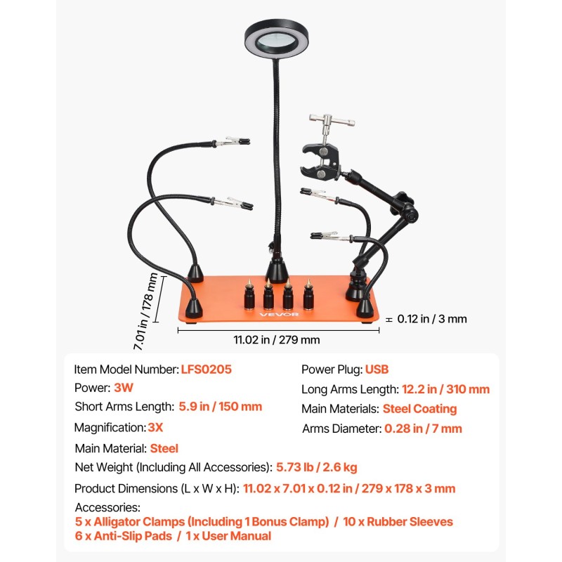 Magneettinen kolvausaseman apukäsi raskas teräspohja teräspinnoite 3X suurennus LED valaistus 4 hanhenkaulavartta