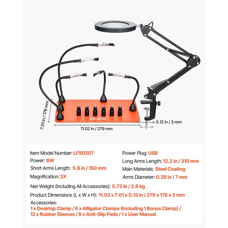 Magneettinen kolvausapuasema teräspinnoite kolminkertainen suurennuslasi viisi joustavaa vartta LED-valaistus
