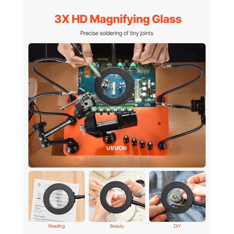 Juotosasema magneettinen kolmannenkäden teräspohjalla 3X suurennuksella LED-valaistuksella 4 taipuisaa vartta