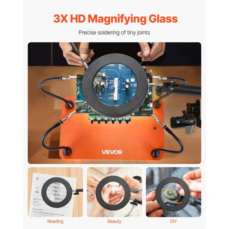 Magneettinen kolvausapuasema teräspohjalla 3X suurennuslasilla säädettävällä LED-valaistuksella ja 4 joustavaa käsivartta