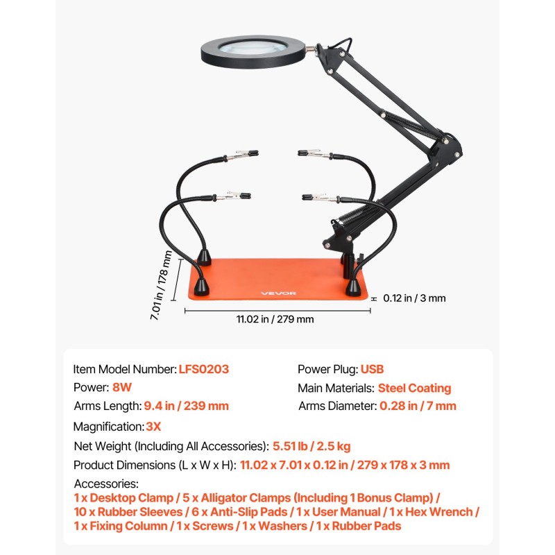Magneettinen kolvausapuasema teräspohjalla 3X suurennuslasilla säädettävällä LED-valaistuksella ja 4 joustavaa käsivartta