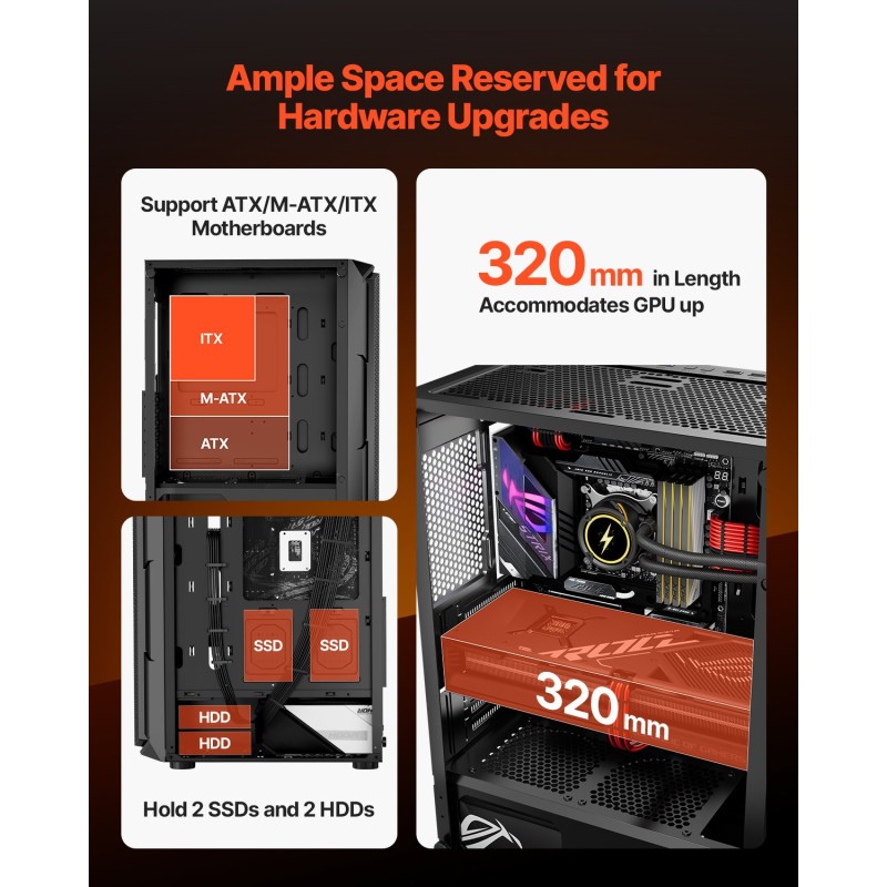 Mid-tower-pelikotelo SPCC-teräs karkaistu lasipaneeli ATX/M-ATX/ITX 4 x 120 mm ARGB-tuulettimet