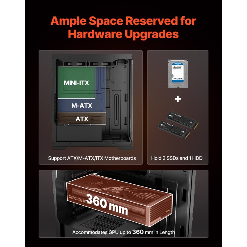 Miditornikotelo teräs karkaistu lasipaneeli ATX M-ATX ITX