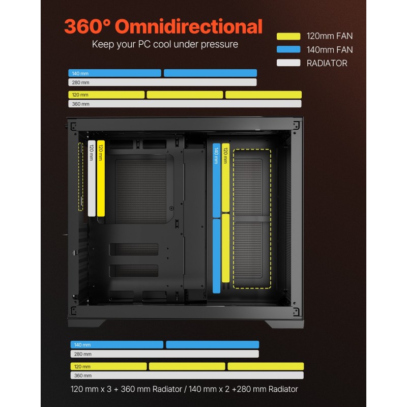 Keskikokoinen tietokonekotelo kaksikammioinen SPCC-teräs karkaistu lasi pelikäyttöön