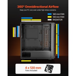Miditornikotelo SPCC-teräs karkaistu lasipaneeli 4 x 120 mm tuulettimet ATX/M-ATX/ITX-yhteensopiva