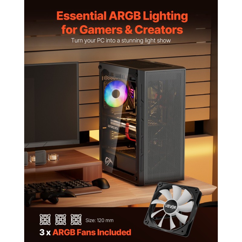 Miditornikotelo karkaistu lasipaneeli SPCC-teräs ATX M-ATX ITX 3 x 120 mm ARGB-tuuletinta