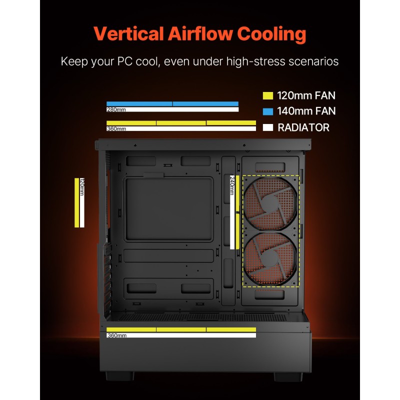 Miditornikotelo karkaistu lasipaneeli teräs kuusi 120 mm ARGB-tuuletinta