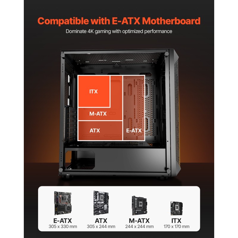 Täystornikotelo terästä ja karkaistua lasia E-ATX–ITX-yhteensopiva 410 mm näytönohjaintuki