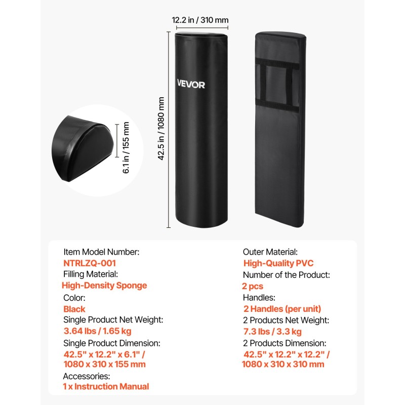 Taklaustyynyt PVC-pintaiset 1080x310x155 mm 2 kpl mustat korkeatiheyksisellä sisuksella harjoituksiin