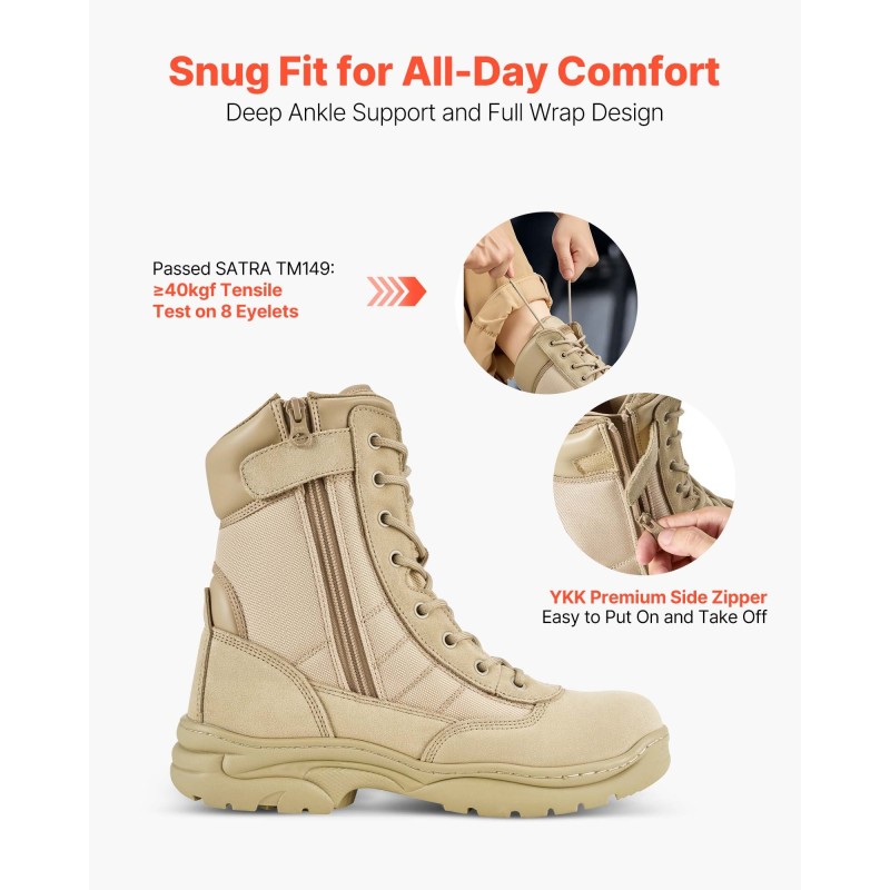 Miesten taktiset saappaat 203 mm varsi hiekanväriset vedenpitävät sivuvetoketjulla