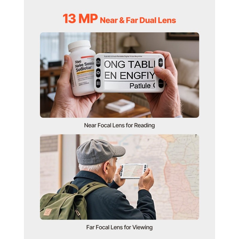 Kannettava digitaalinen suurennuslaite viiden tuuman LCD-näytöllä kolmetoista megapikselin kaksoiskameralla 2–48-kertaisella