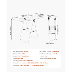 Pyykkiteline kokoontaitettava 2-tasoinen rautaputkista ja PP-muovista 21 tangolla