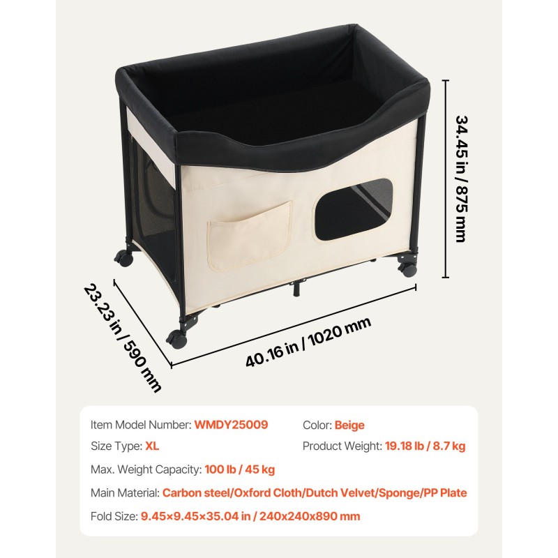 Korotettu lemmikkisänky suuri hiiliteräsrunko Oxford-kangas hollantilainen sametti taitettava pyörällinen sivutaskuilla