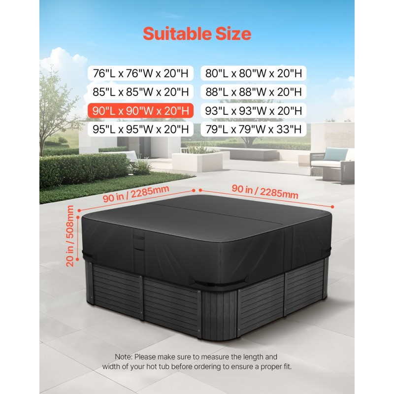 Kuumakylvyn suojus ulkokäyttöön 600D-kangas neliö 2285×2285×508 mm musta säänkestävä