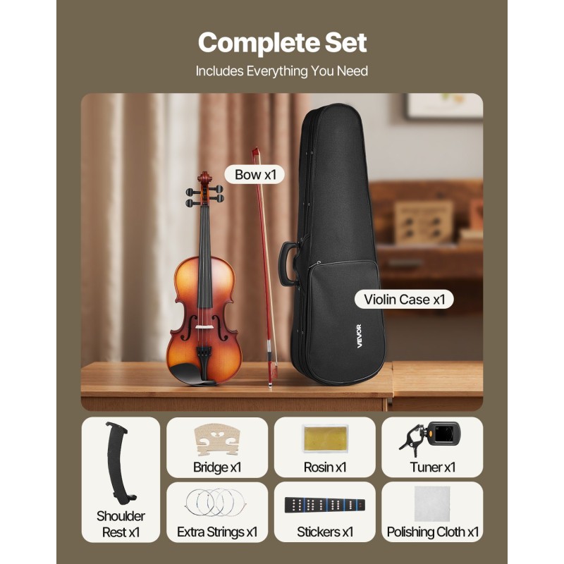 Viulusetti 4/4 kokopuu mattaruskea satiinilakka aloittelijalle