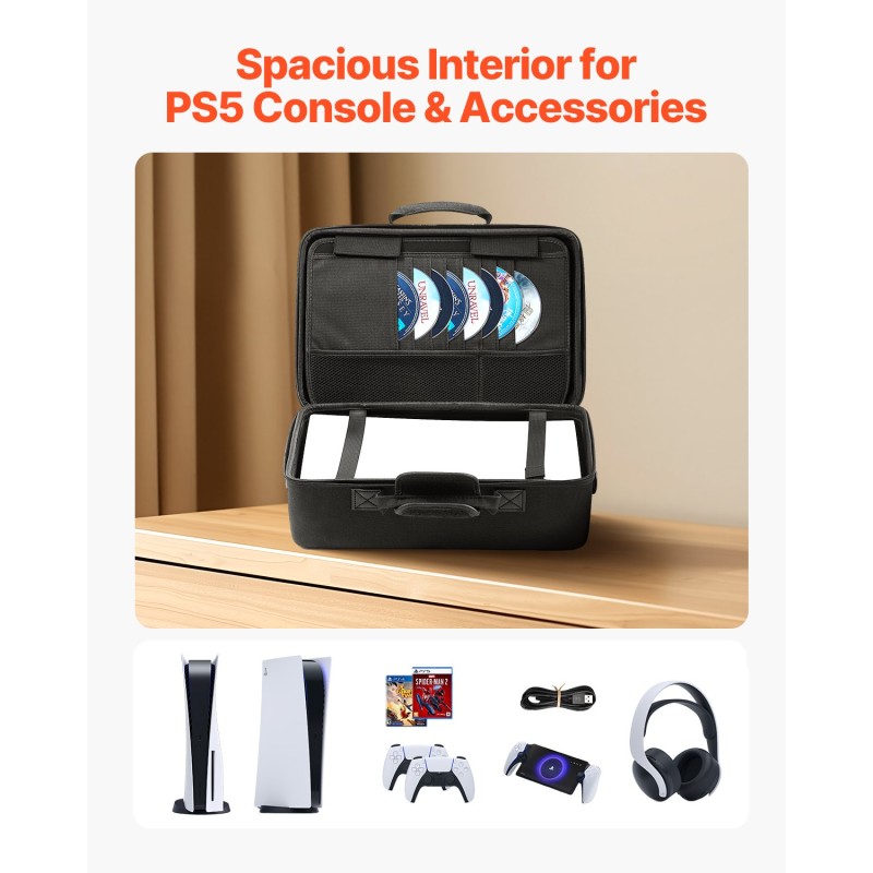 PS5-kantolaukku iskunkestävä kovakuori samettivuori musta kantokahva olkahihna