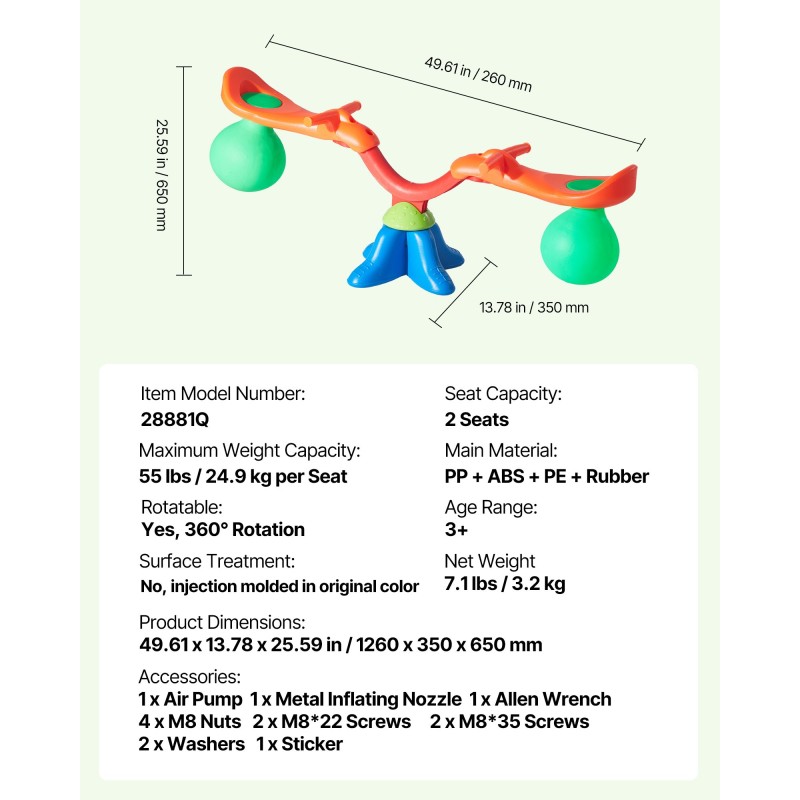 Muovinen kaksipaikkainen keinulauta 360 asteen pyörivällä toiminnolla ilmatäytteiset istuimet