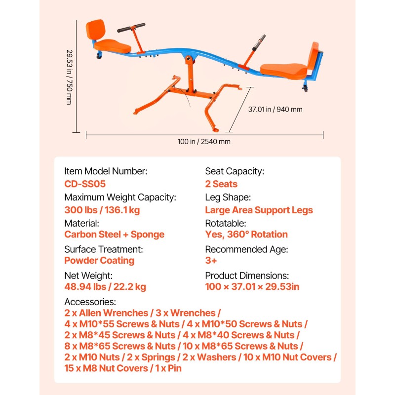 Kaksoiskeinulauta hiiliteräsrunkoinen 2 istuinta 360 asteen pyörivä jauhemaalattu