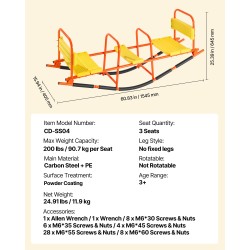 Kolmen istuimen metallinen keinulauta hiiliteräs ja muovi ulko ja sisäkäyttöön