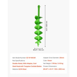 Istutuspora teräs 150 x 800 mm spiraaliterällä 20 mm sovittimella