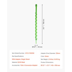 Spiraaliporanterä 40 × 800 mm teräs 20 mm adapterilla yksikierteinen istutukseen