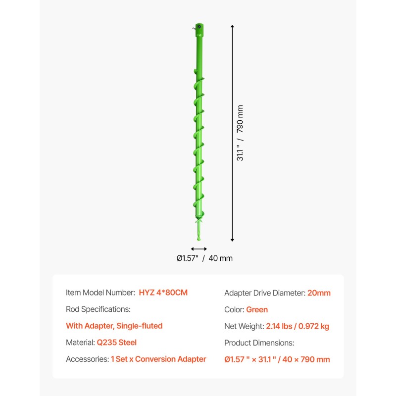 Spiraaliporanterä 40 × 800 mm teräs 20 mm adapterilla yksikierteinen istutukseen