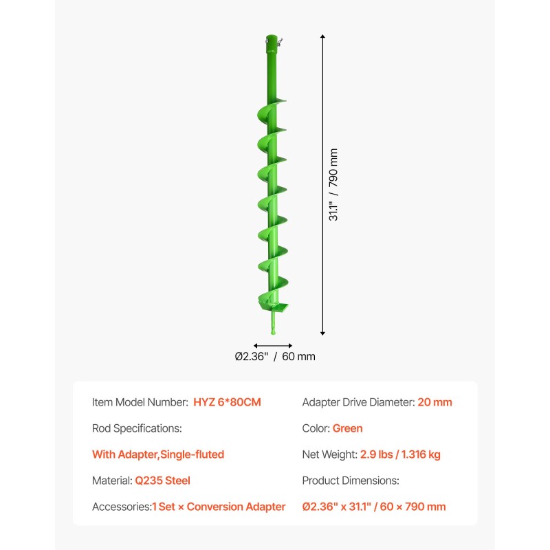 Spiraalinen maaporanterä Q235-terästä halkaisija 60 mm pituus 790 mm adapterilla 20 mm