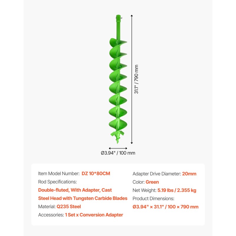 Spiraalikaira teräs 100 x 790 mm 20 mm akselilla istutukseen ja aitoihin