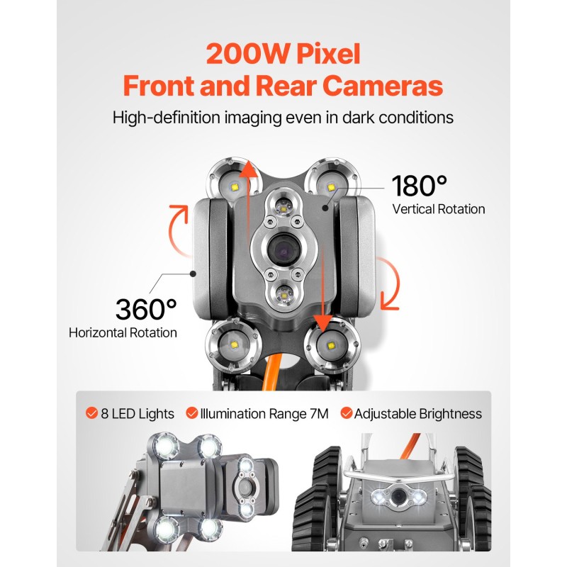 Putkistotarkastusrobotti 60 metrin kaapelilla 2 megapikselin kamerat 8 LED-valoa 300–1500 mm putkiin