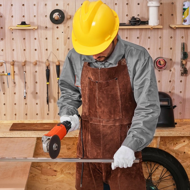 Hitsausesiliina naudannahkainen jakolahkeinen koko L ruskea paloa hidastava 3 työkalutaskua