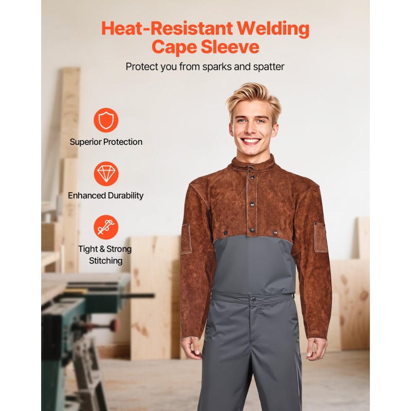 Nahkainen hitsausviitta hihoilla naudannahka koko L hitsaukseen kaksi työkalutaskua