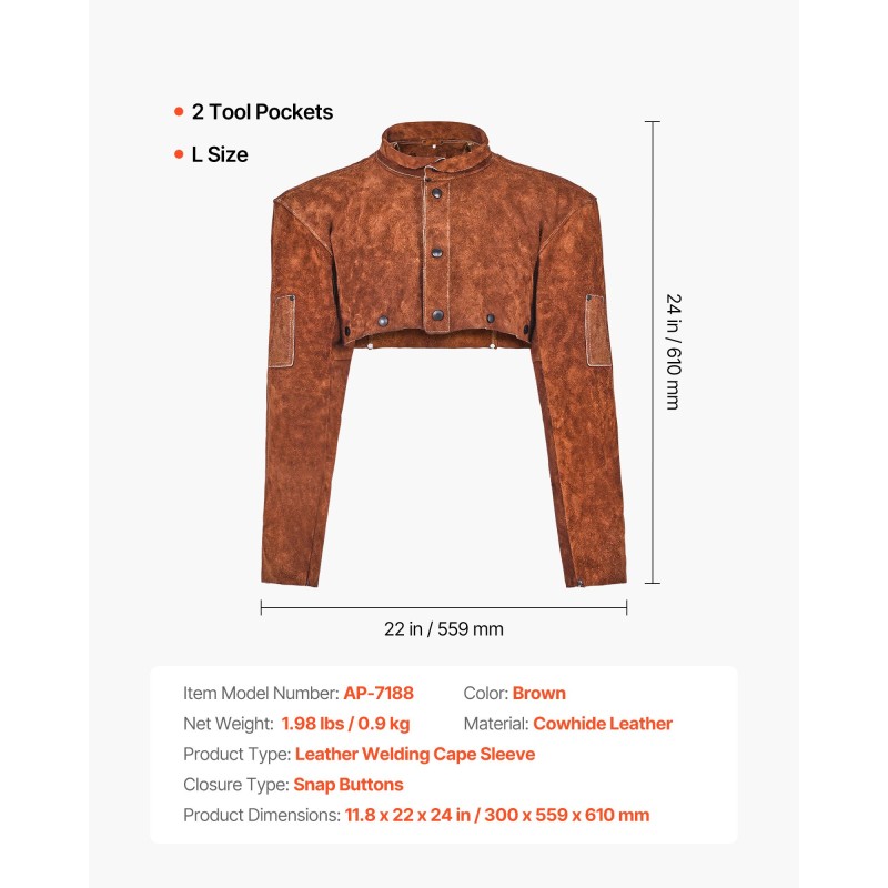 Nahkainen hitsausviitta hihoilla naudannahka koko L hitsaukseen kaksi työkalutaskua