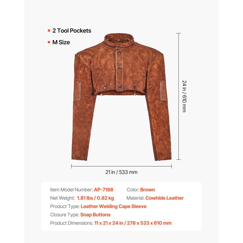 Hitsausviitta lehmännahkainen hihoilla keskikoko ruskea kaksi työkalutaskua