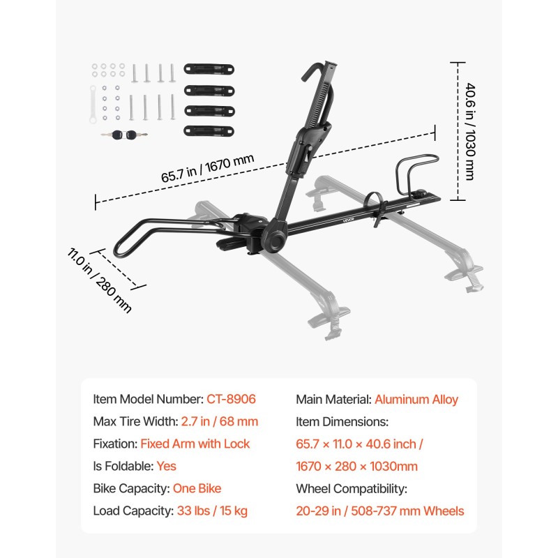 Taitettava kattoteline yhdelle pyörälle alumiinirunkoinen 15 kg kantavuus 20–29 tuuman renkaille