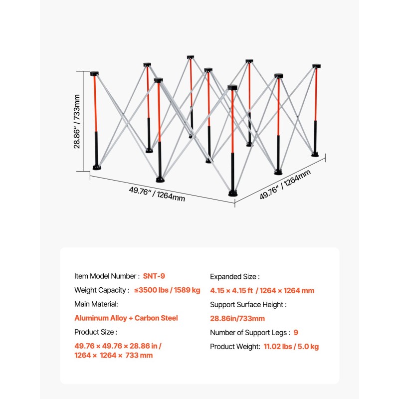 Taitettava työpukki alumiiniseos ja hiiliteräs 1589 kg kantavuus 9 tukijalkaa
