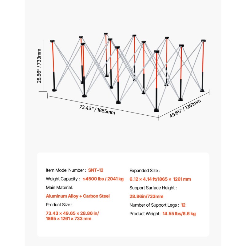 Taitettava työpukki alumiiniseos ja hiiliteräs 12 jalkaa 2041 kilogramman kantavuus