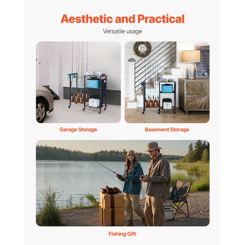 Kalastusvapateline MDF-levy ja seosteräsrunko 12 vavalle 6 pyörää jarruilla