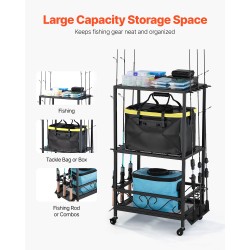 Kalastusvapateline seosteräksestä 10 vavalle monitasoisella hyllyllä pyörillä ja jarruilla sisäkäyttöön