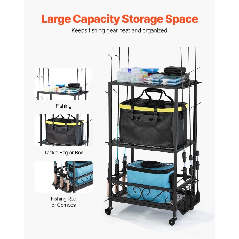Kalastusvapateline seosteräksestä 10 vavalle monitasoisella hyllyllä pyörillä ja jarruilla sisäkäyttöön