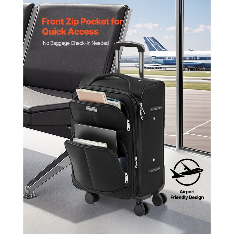 Matkalaukku pehmeäkantainen 20 tuuman twill-oxford-kangas musta turvatarkastuslukolla