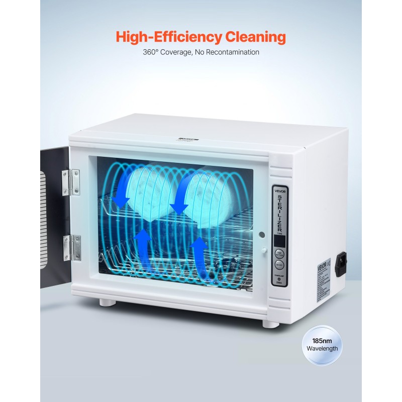UV-puhdistuskaappi kynsityökaluille 12 l 185 nm ajastimella irrotettavilla hyllyillä karkaistu lasiovi