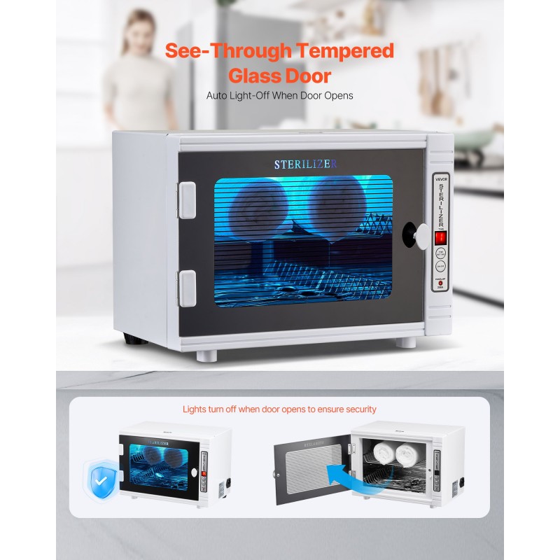 UV-puhdistuskaappi kynsityökaluille 12 l 185 nm ajastimella irrotettavilla hyllyillä karkaistu lasiovi