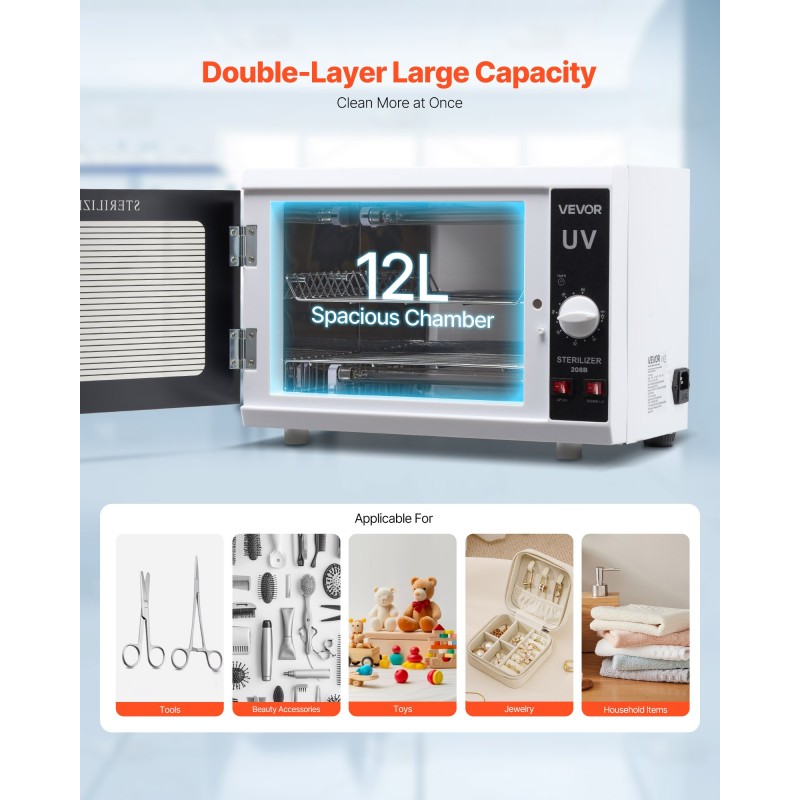 UV-sterilointikaappi kynsityökaluille 12 l kaksitasoinen irrotettavilla hyllyillä 185 nm ajastin 5–60 min