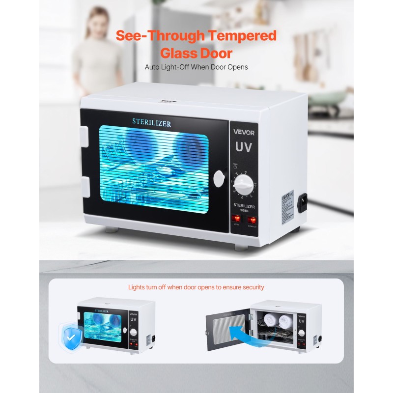 UV-sterilointikaappi kynsityökaluille 12 l kaksitasoinen irrotettavilla hyllyillä 185 nm ajastin 5–60 min