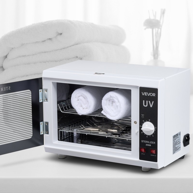 UV-sterilointikaappi kynsityökaluille 12 l kaksitasoinen irrotettavilla hyllyillä 185 nm ajastin 5–60 min