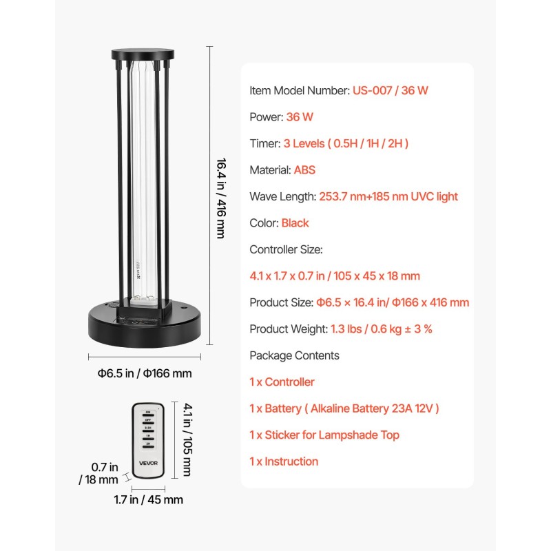 UV-C ja otsonivalaisin 36W ABS-muovi kauko-ohjaimella kolmitasoinen ajastin