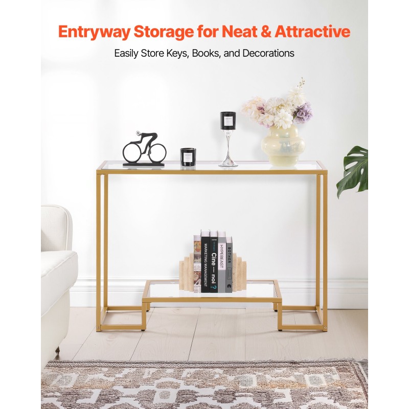 Konsolipöytä karkaistusta lasista metallirunkoinen kaksitasoinen kultainen seinäkiinnikkeellä